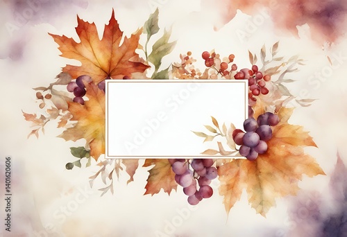 isolated watercolor card design rowan frame leaf floral flower background botanical chrysanthemum thanksgiving white grape border fall autumn maple invitation illustration clip art retro forest