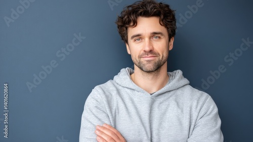 Wallpaper Mural A casually dressed man with curly hair smiles confidently against a dark blue background, exuding a relaxed yet approachable vibe. Torontodigital.ca