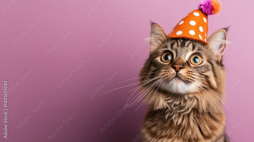 A fluffy tabby cat donned in a playful orange polka dot party hat against a light pink background, embodying joy and charm in a stylish pet portrait. A fluffy tabby cat donned in a playful orange polka dot party hat against a light pink background, embodying joy and charm in a stylish pet portrait.