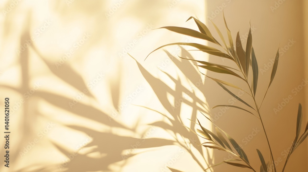 Obraz premium Delicate Shadows of Olive Leaves Cast on a Warm Beige Wall Create a Serene and Tranquil Atmosphere in Natural Light