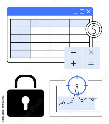 Spreadsheet with dollar sign symbol, calculator keys, secure padlock icon, and analytics chart with target focus. Ideal for finance, analysis, security, data management, business planning