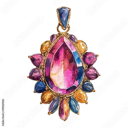 Unique Gemstone Pendant With An Artistic Design, vector watercolor illustration, isolated on a white background.