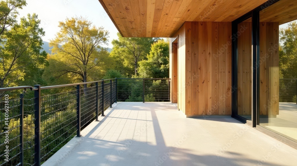 Modern deck design with wood siding and metal railing overlooking tranquil forest Modern deck design with wood siding and metal railing overlooking tranquil forest
