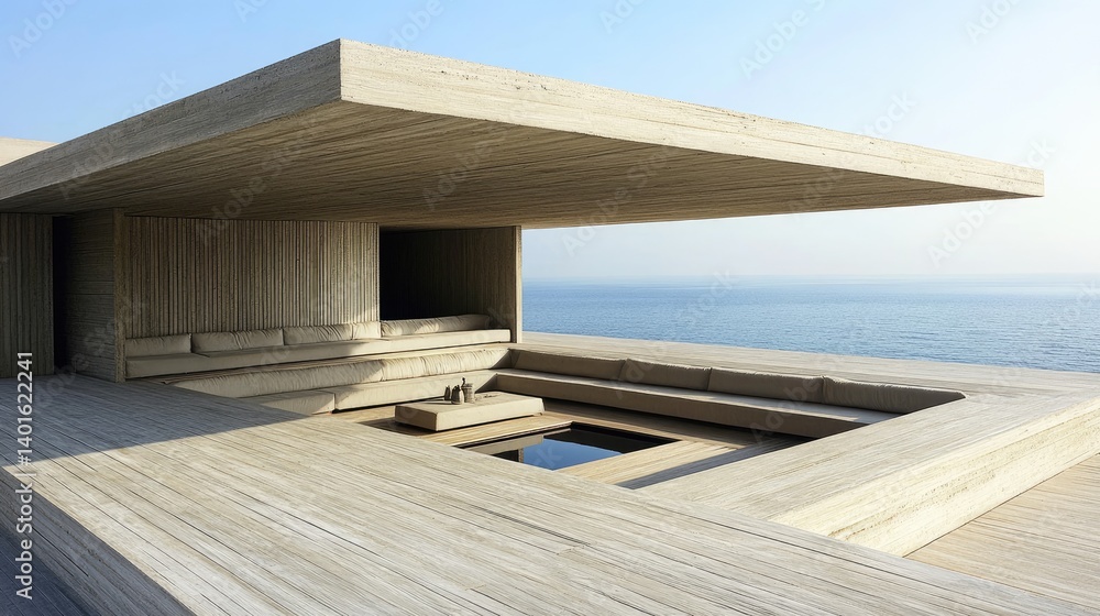 Minimalist outdoor seating area surrounded by horizontal wooden slats Minimalist outdoor seating area surrounded by horizontal wooden slats