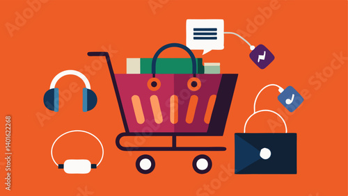 Shopping Cart Full of Tech A digital shopping cart b with laptops headphones and monitors with a total price tag showing the savings.