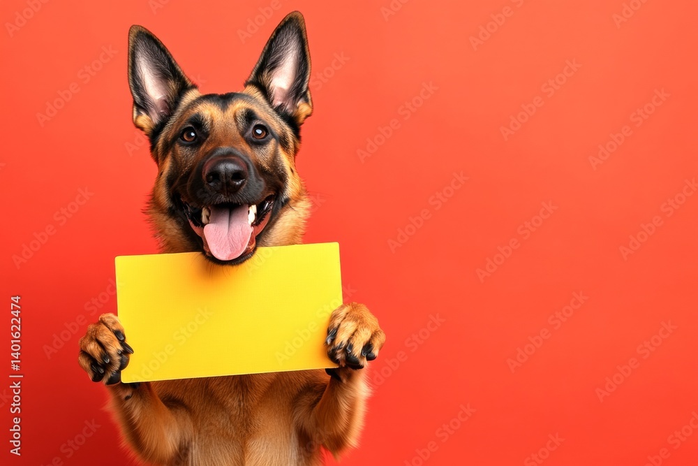 Obraz premium Dog next to sign. Ð¡ute adult dog belgian malinois hold in front paws a concept - large yellow drive sign. Dog in blank ad. Funny pet promo idea. Isolated dog on a solid apparel red backgroun.