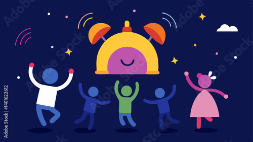 Midnight Awakening An alarm clock with glowing numbers reading 1200 AM. The clock has bells on top and emits colorful sound waves while silhouettes of people leap from their beds
