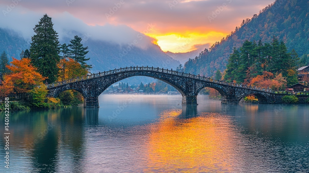 Obraz premium Serene Autumn Sunrise over a Stone Arch Bridge