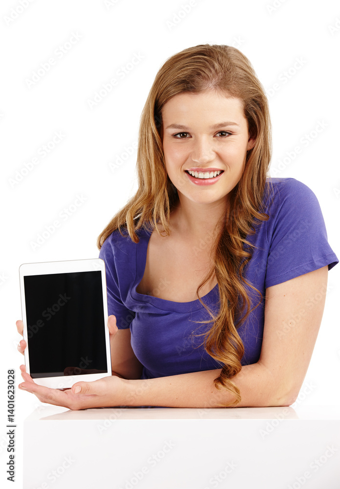 Portrait, tablet screen or woman with mockup in studio for announcement, promotion or app menu on white background. Digital, space or face of gen z model show sign up offer, info or deal presentation Portrait, tablet screen or woman with mockup in studio for announcement, promotion or app menu on white background. Digital, space or face of gen z model show sign up offer, info or deal presentation