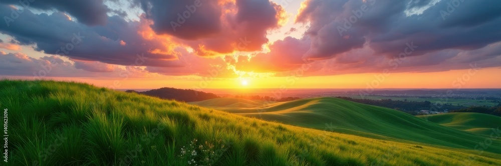 Rolling hills of green grass against a dramatic sunset sky, purple, twilight, pink Rolling hills of green grass against a dramatic sunset sky, purple, twilight, pink