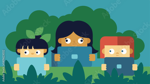 HideandSeek with Devices A scene where children are playing a game of hideandseek but instead of hiding they are all simply looking at screens while hiding behind trees and bushes.