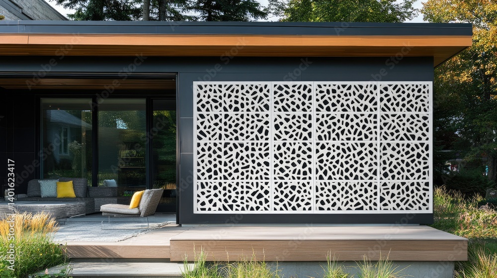 PVC lattice screen in light gray tones installed on modern house exterior
