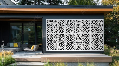 Obraz na płótnie PVC lattice screen in light gray tones installed on modern house exterior w salonie