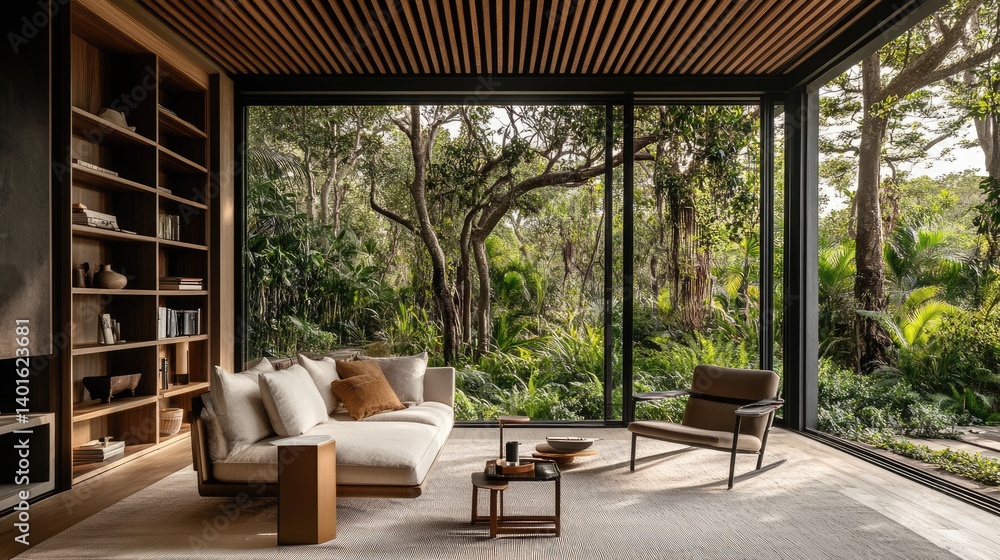 Slatted ceiling continuing outside to unify indoor and outdoor design flow