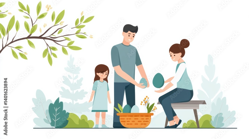 A family enjoys a spring day, decorating eggs together, surrounded by greenery and flowers in a playful atmosphere. A family enjoys a spring day, decorating eggs together, surrounded by greenery and flowers in a playful atmosphere.