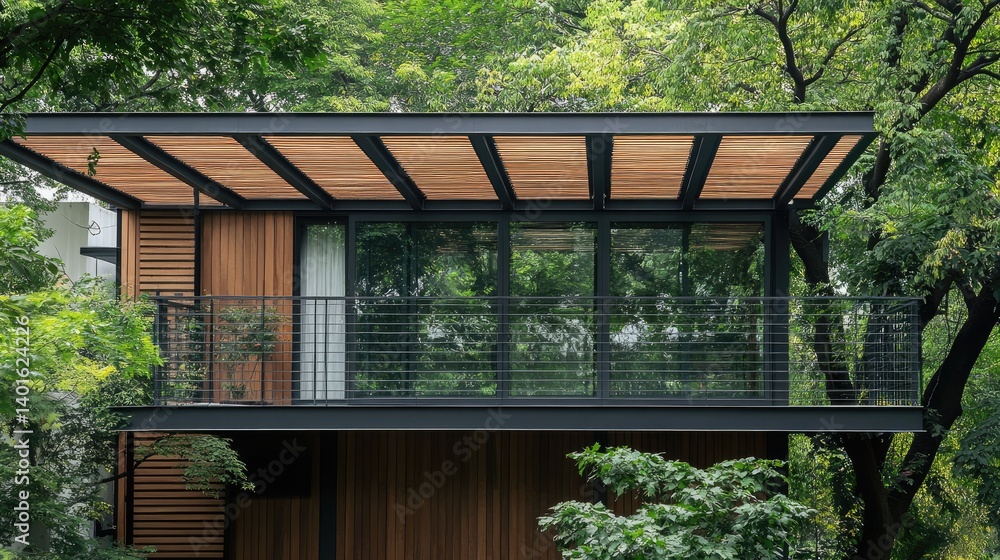 Fototapeta premium Synthetic wood slat structure on upper floor balcony for shade and light control
