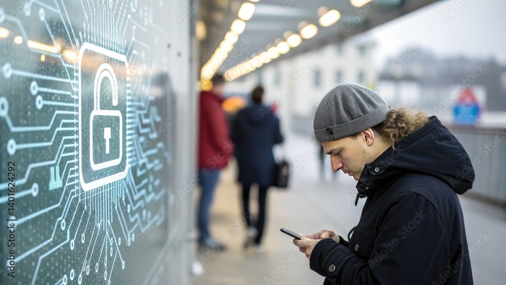 Cybersecurity artificial Intelligence machine Learning concept, A man using a smartphone stands near a digital lock graphic in an urban setting. Cybersecurity artificial Intelligence machine Learning concept, A man using a smartphone stands near a digital lock graphic in an urban setting.