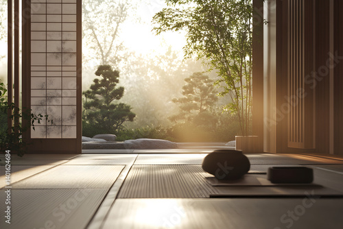 Serene Minimalist Japanese Tea House with Tatami and Bonsai Tranquility