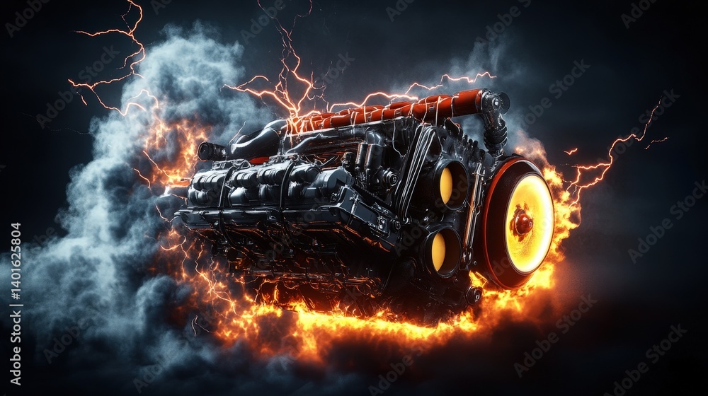 Dynamic Engine with Flames and Lightning in Dark Background Dynamic Engine with Flames and Lightning in Dark Background