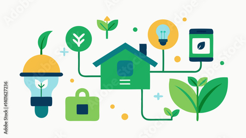 Smart Home Devices An illustration of multiple smart home devices like a smart bulb thermostat and speaker interconnected with green vines showing a cohesive ecofriendly home setup