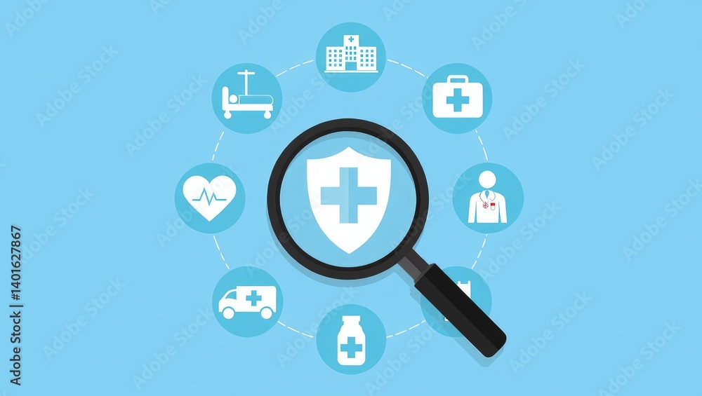Health Insurance and Medical Care Concept. Focuses on medical shield icon with healthcare symbols like hospital, doctor, medicine, and emergency care. Life insurance and quality medical services. Health Insurance and Medical Care Concept. Focuses on medical shield icon with healthcare symbols like hospital, doctor, medicine, and emergency care. Life insurance and quality medical services.