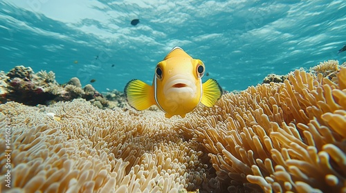 Fototapeta Naklejka Na Ścianę i Meble -  A yellow fish with a curious expression peers from behind a vibrant coral reef in clear blue ocean water.