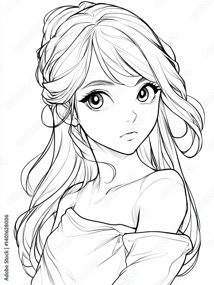 Original Anime Character in Elegant Style with Long Hair and Expression Original Anime Character in Elegant Style with Long Hair and Expression