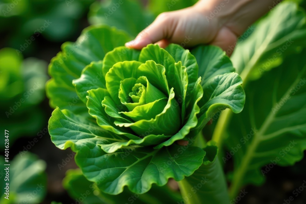 Fototapeta premium Close-up of lush kale being picked, garden setting , organic, healthy
