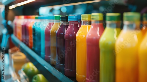 Vibrant rows of colorful bottled juices on a shelf.  A refreshing display of healthy drinks, perfect for a summer beverage.