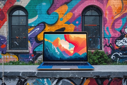 Obraz na płótnie Vibrant Laptop Mockup Against Urban Graffiti Wall Showcasing Creative Culture and Technology w salonie
