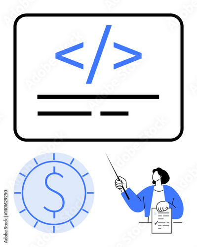 Code snippet visual over text lines, currency sign in circle, and person presenting with pointer. Ideal for programming, finance, collaboration, analytics, planning strategy growth concepts. Flat
