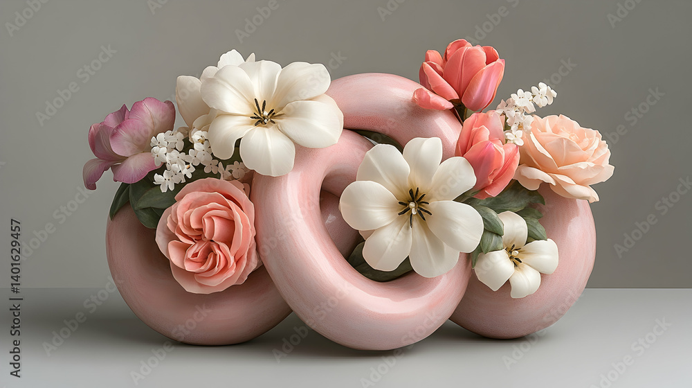 Soft pink vases cradle blooms of roses and tulips a tranquil floral arrangement with a soothing gentle aura Soft pink vases cradle blooms of roses and tulips a tranquil floral arrangement with a soothing gentle aura
