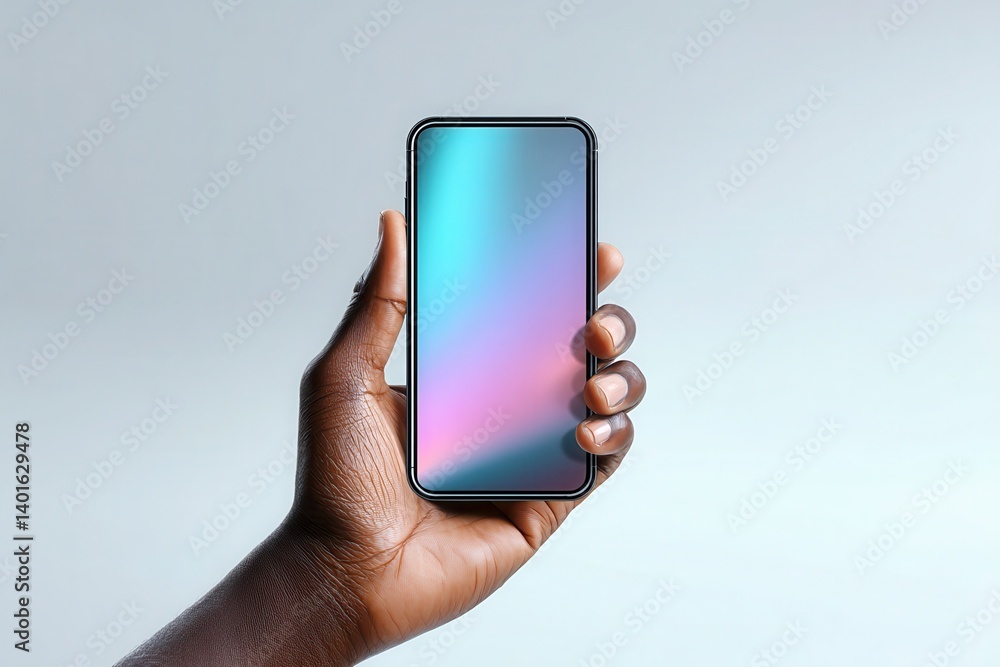 Close-up of a Black hand holding a smartphone with a colorful gradient screen. Close-up of a Black hand holding a smartphone with a colorful gradient screen.