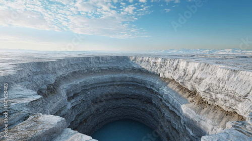 Stunning ice-bound open pit with crystal-clear water and sky  