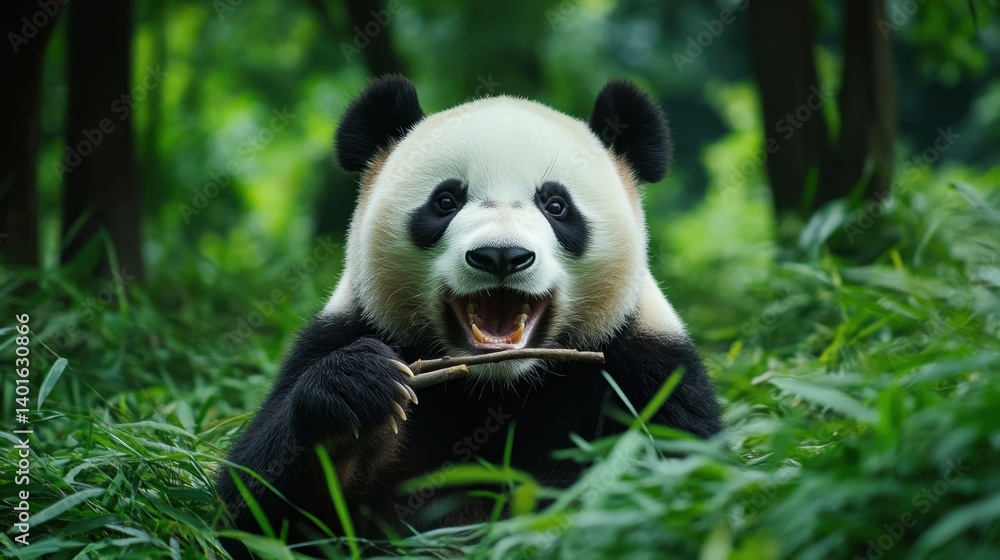 A captivating panda sits amidst lush greenery, playfully clutching a bamboo shoot with an open-mouthed expression A captivating panda sits amidst lush greenery, playfully clutching a bamboo shoot with an open-mouthed expression