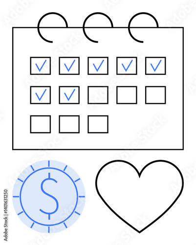 Calendar marked with checkboxes, coin symbolizing financial planning, and heart for personal priorities. Ideal for organization, scheduling, budgeting, productivity, goal setting, self-care