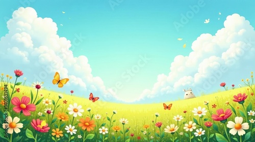 A Sunny Meadow Scene with Colorful Flowers and Butterflies, a Peaceful and Serene Landscape Ideal for Children's Book Illustrations or Nature-Themed Projects