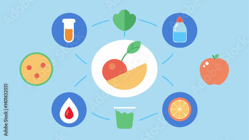 Lifestyle Integration An illustration of various lifestyle elements like healthy foods and hydration alongside exosomes indicating their role in an overall skinfirming regimen.