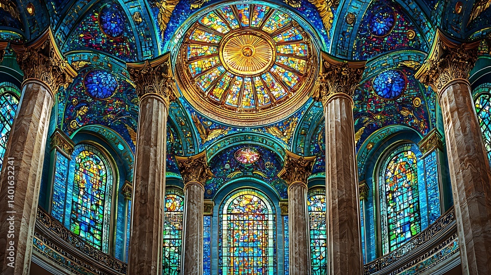 Grand stained glass dome above gold Corinthian pillars high resolution photo Grand stained glass dome above gold Corinthian pillars high resolution photo