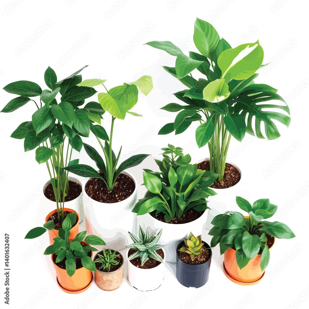 Fototapeta premium Potted Indoor Plants, Decorative Greenery Arrangement, Modern Botanical Vector