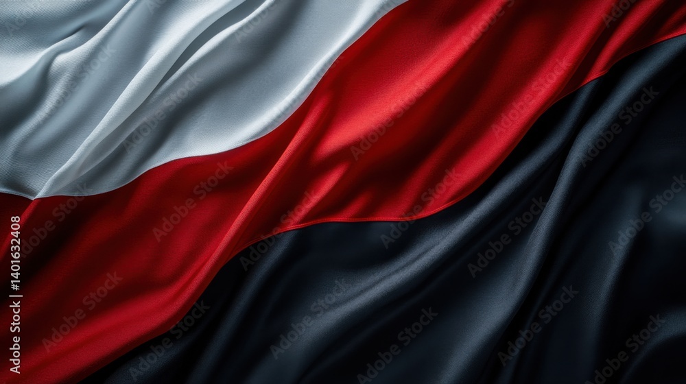 Dramatic, flowing fabric in the colors of the Polish flag – white, red, and black – with rich texture and dynamic lighting Dramatic, flowing fabric in the colors of the Polish flag – white, red, and black – with rich texture and dynamic lighting