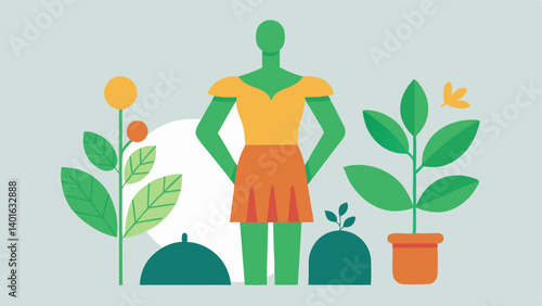 NatureInspired Fashion A mannequin displaying clothing made from organic fabrics surrounded by flower pots and greenery highlighting ecofriendly fashion.