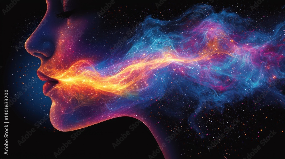 Abstract female face profile with vibrant energy emanating from mouth. Abstract female face profile with vibrant energy emanating from mouth.