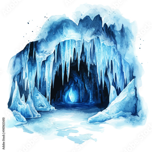 Underground Ice Cave With Glowing Ice Formations, watercolor vector, isolated on a white background.