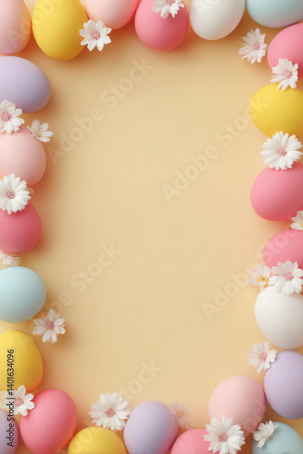 Easter party banner template. Frame of multicolored eggs, flowers on colored background. Background with copyspace in the middle
