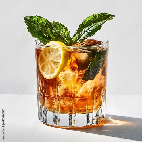 A chilled South African rooibos iced tea with lemon slices and mint, served in a glass, isolated on a white background.