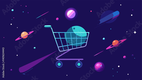 Galactic Shopping Cart A futuristic shopping cart made of metallic elements filled with glowing discounts and floating through an interstellar scene filled with distant galaxies.