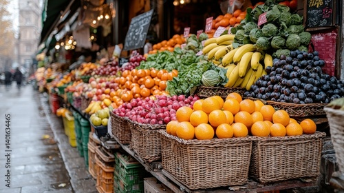Outdoor market stall overflows with colorful fruits and fresh vegetables
