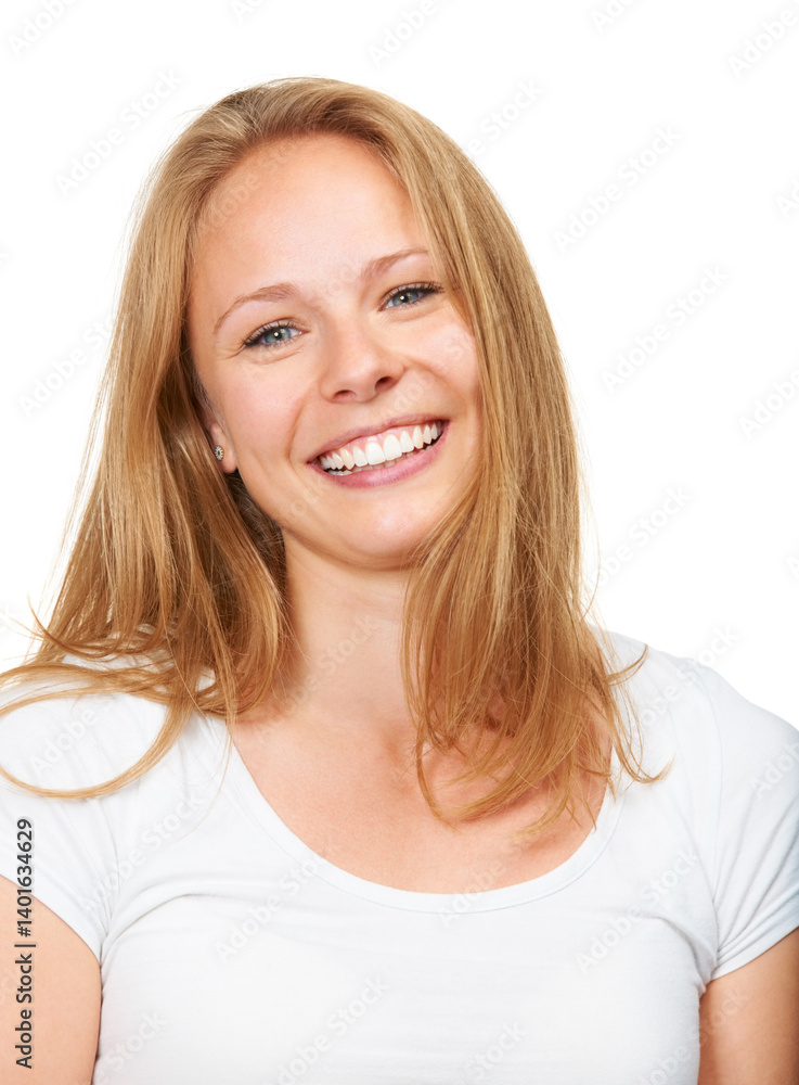 Portrait, female model and smile in studio, beauty and confidence on white background. Cosmetic, makeup and teeth for close up of happy woman, excited and young German lady for skin or cosmetology Portrait, female model and smile in studio, beauty and confidence on white background. Cosmetic, makeup and teeth for close up of happy woman, excited and young German lady for skin or cosmetology