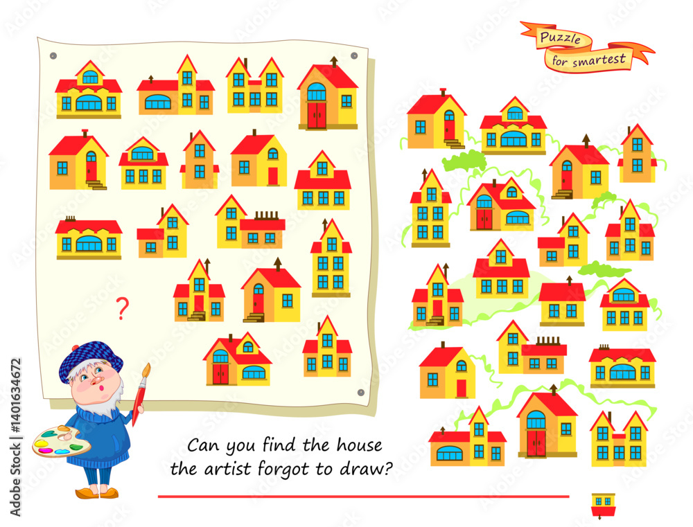 Can you find the house the artist forgot to draw? Logic puzzle for smartest. Educational game. Page for kids brain teaser book. Task for attentiveness. Play online. Flat vector image. Can you find the house the artist forgot to draw? Logic puzzle for smartest. Educational game. Page for kids brain teaser book. Task for attentiveness. Play online. Flat vector image.